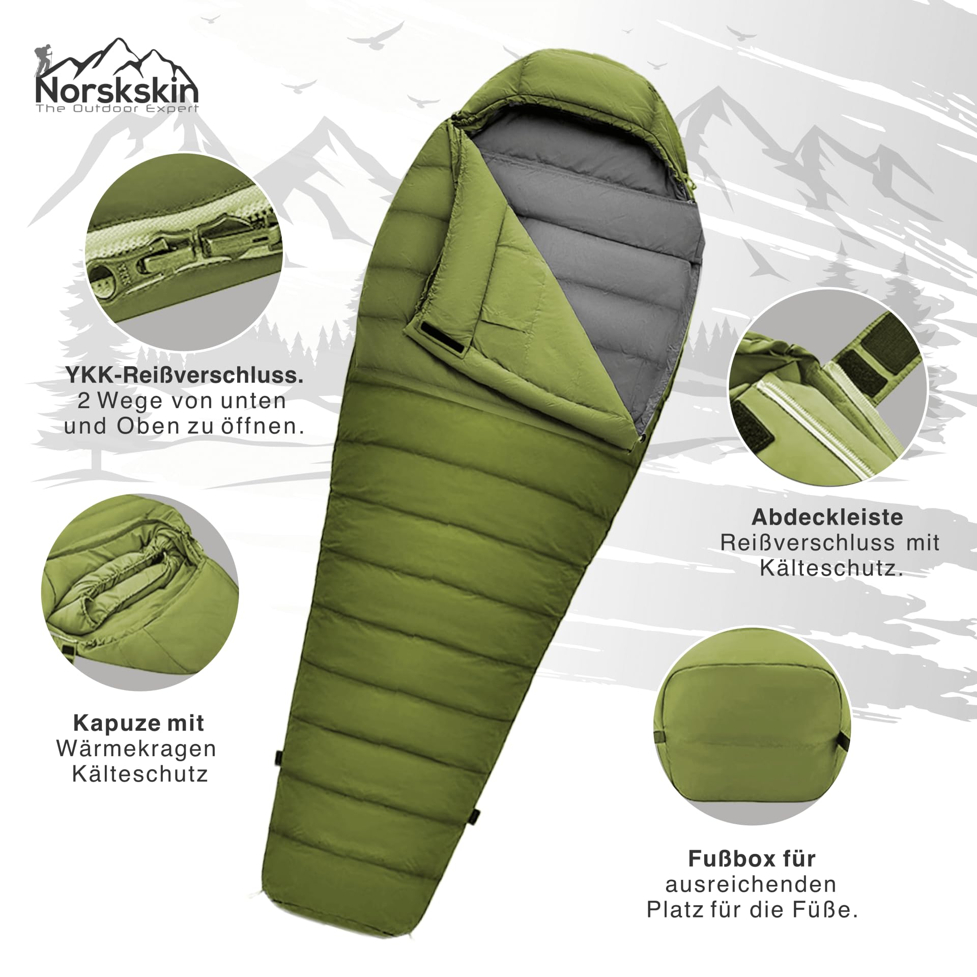 Mumienschlafsack Norskskin Ultralight 220 Grün Koppelbar Extrem - 6°C Schlafsack mit Kopfkissenfach