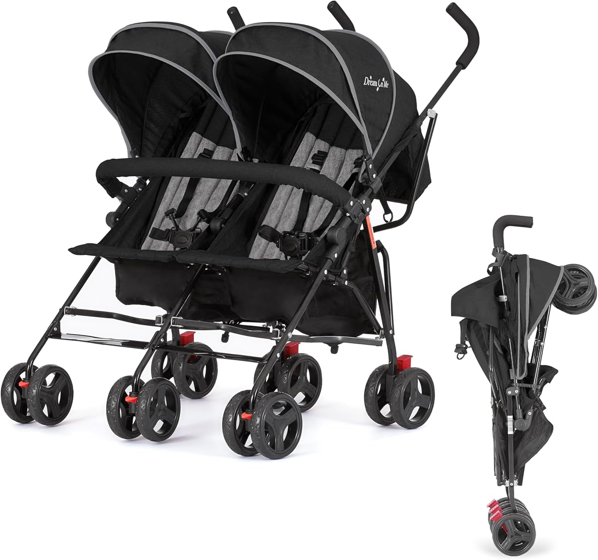 Dream On Me Volgo Twin Baby Stroller, Lightweight Side-by-Side Double Umbrella Stroller with Adjustable Canopy, 5-Point Harness, Storage Basket & Travel-Friendly Fold – Black | 5 Point Safety Harness, Smooth Swivel Wheels, Lightweight, Adjustable Double Canopy, Storage Basket, 40 Lb Limit