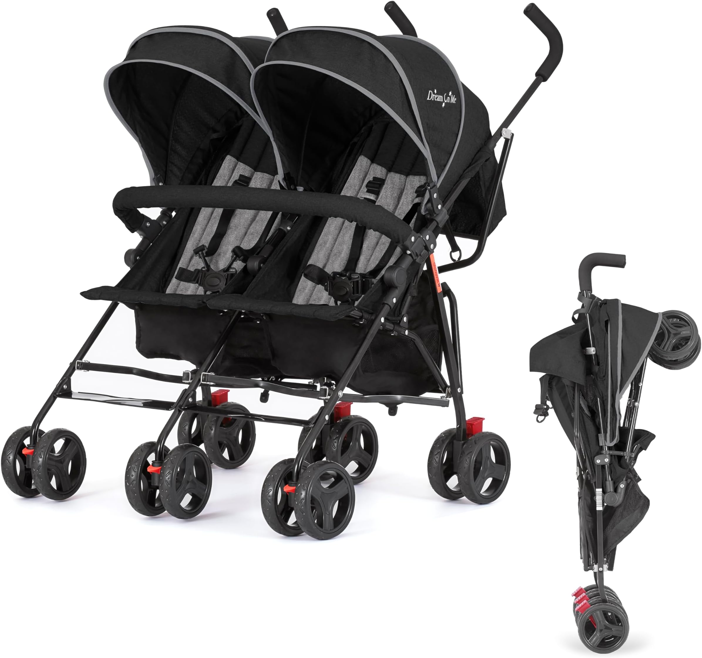 Dream On Me Volgo Twin Baby Stroller, Compact Side-by-Side Double Umbrella Stroller, 5-Point Safety Harness, Adjustable Canopy, Storage Basket & Travel-Friendly Fold, Black