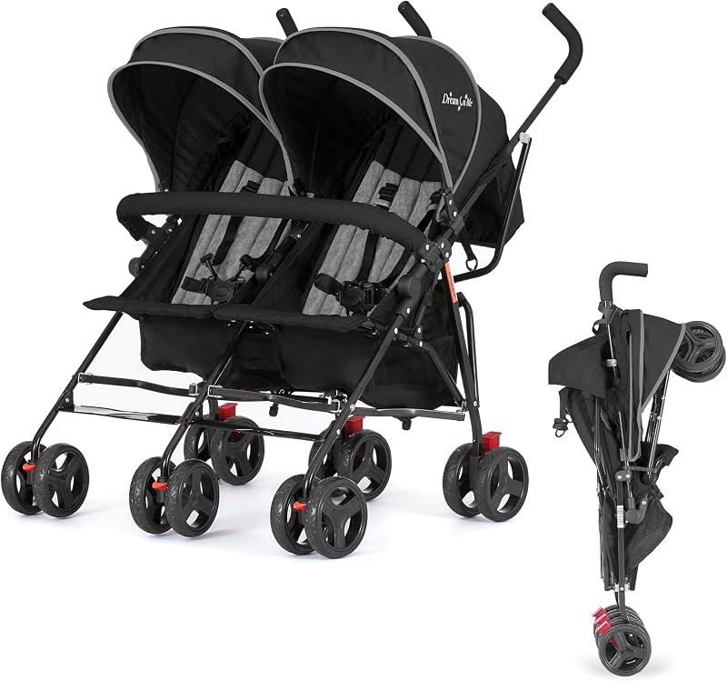 Dream On Me Volgo Twin Baby Stroller, Lightweight Side-by-Side Double Umbrella Stroller with Adjustable Canopy, 5-Point Harness, Storage Basket & Travel-Friendly Fold – Black | 5 Point Safety Harness, Smooth Swivel Wheels, Lightweight, Adjustable Double Canopy, Storage Basket, 40 Lb Limit