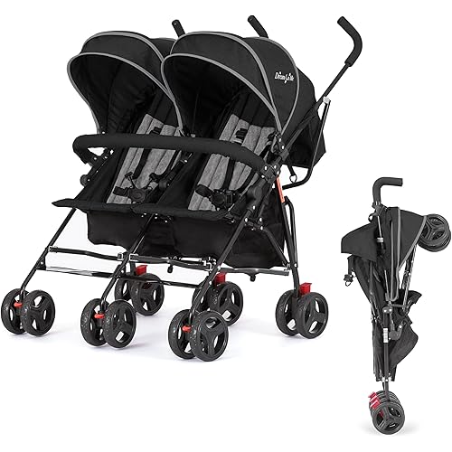 Dream On Me Volgo Twin Umbrella Stroller in Black, Lightweight Double Stroller for Infant & Toddler, Compact Easy Fold, Large Storage Basket, Large and Adjustable Canopy