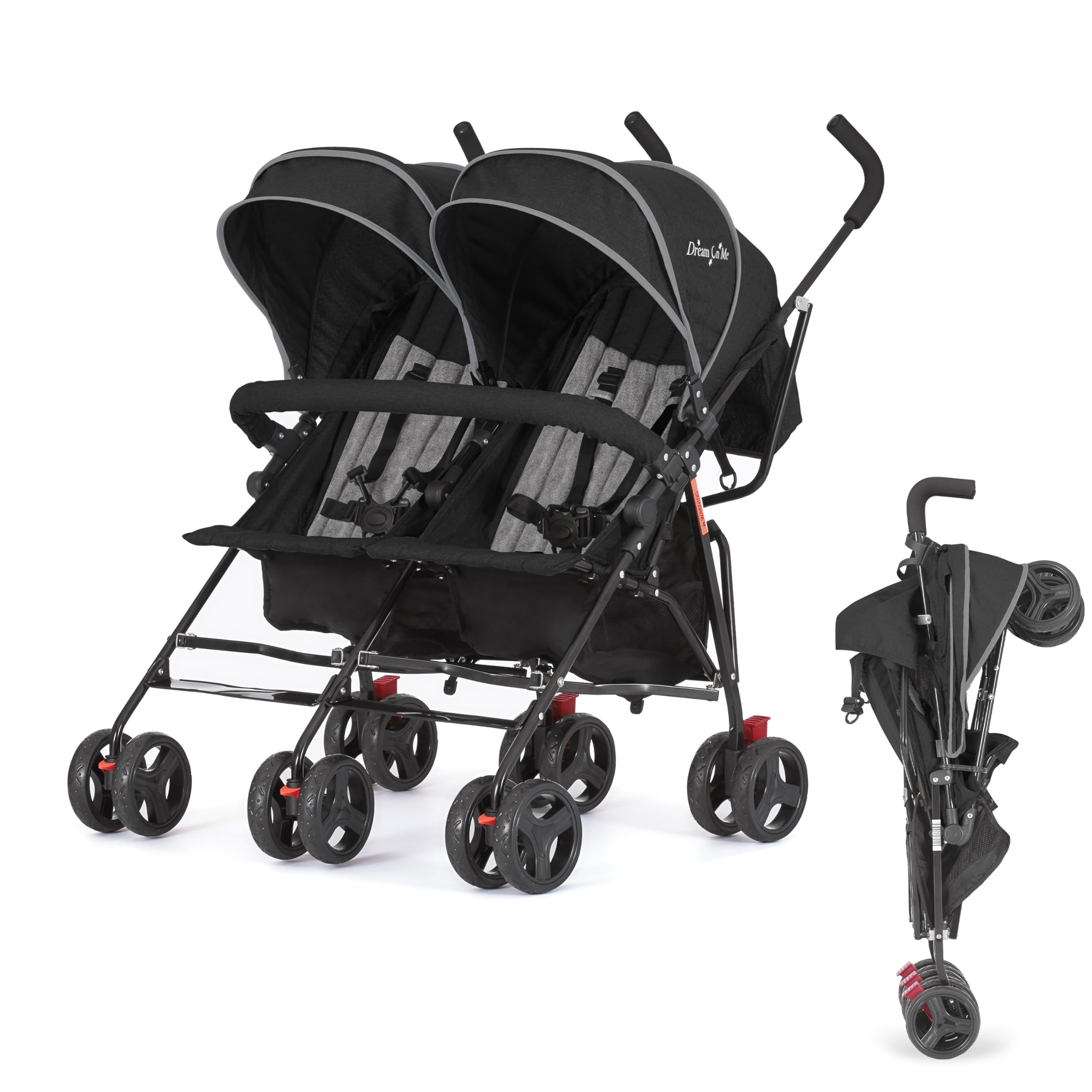 Dream On Me Volgo Twin Umbrella Stroller in Black, Lightweight Double Stroller for Infant & Toddler, Compact Easy Fold, Large Storage Basket, Large and Adjustable Canopy