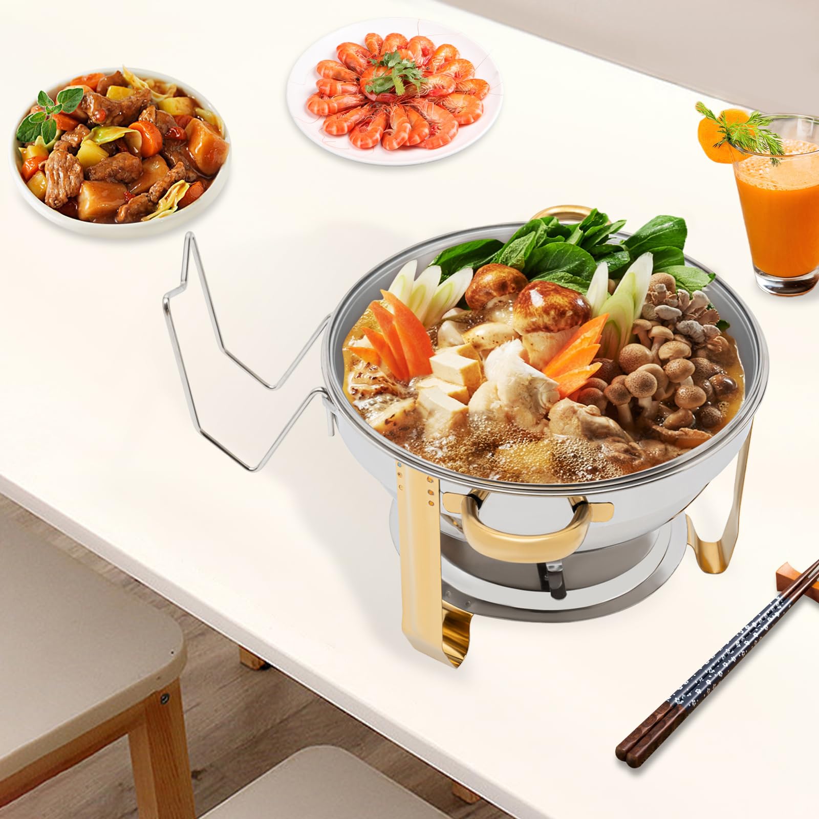 Acero inoxidable Chafing Dish 5L Calientaplatos Calentador de alimentos Calentador de alimentos Redondo Calentador de Sopa Bain Mango Dorado para Restaurantes Cafeterias Hoteles
