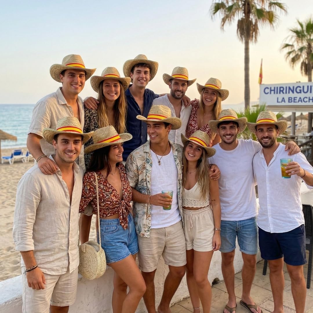Pack Cappelli di paglia con nastro bandiera Spagna per gruppi: addii, penne, fiere, eventi patriani, capeas o viaggi estivi | Accessorio ideale per gruppi e feste