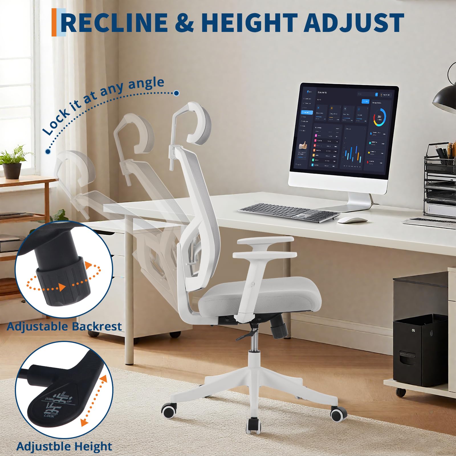 Silla de Oficina ergonómica de Respaldo Alto – Malla Transpirable – Reposacabezas y Soporte Lumbar Ajustables – Brazos abatibles – Respaldo reclinable y Base giratoria – Marco Blanco/Malla Gris
