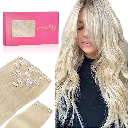WENNALIFE Clip in Human Hair Extensions, 14 Inch 150g 9pcs Clip in Hair Extensions Real Human Hair, Platinum Blonde Human Hair Clip in Extensions Remy Human Hair Extensions Clip Ins Double Weft