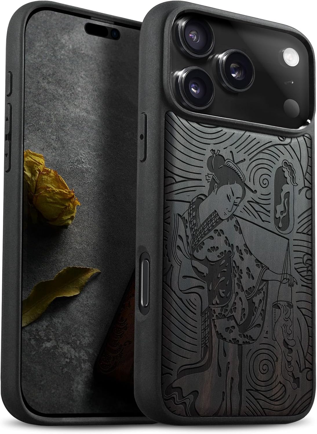 Carveit Magnetic Wooden Case for iPhone 17 Pro Max Case, Wood Artisan Engraved & Black Soft TPU Shockproof Cover, Compatible with MagSafe Wireless Chargers (Japanese Samurai) Rosy