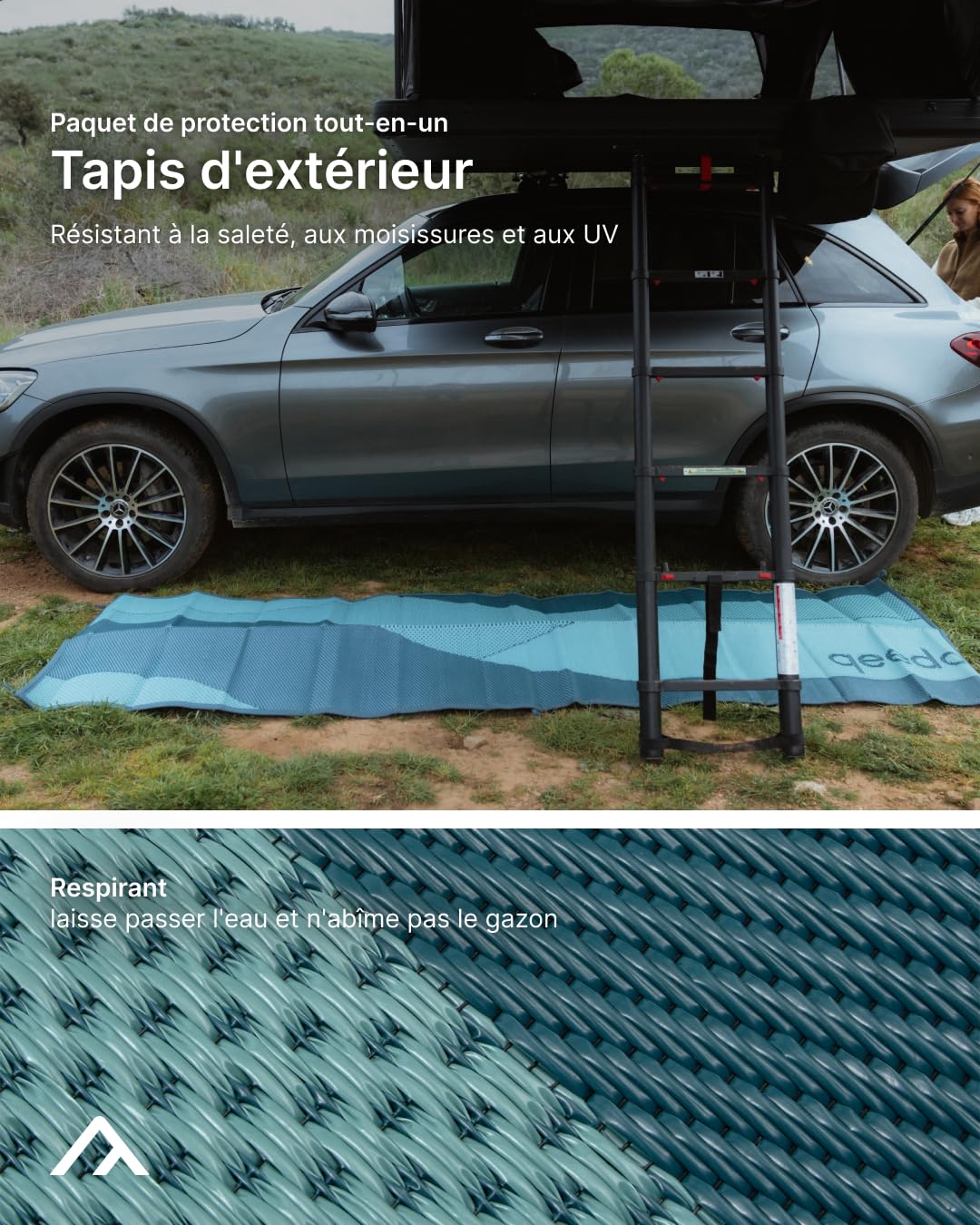 qeedo Tapis d'extérieur (300 x 100 cm) avec piquets et Sac de Transport Inclus - avec Indice UV50+ et Colonne d'eau de 3 000 mm - pour Tente, Camping-Car, auvent