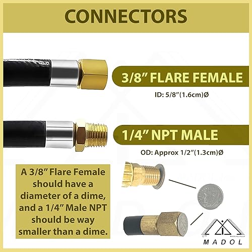 Miniatura 5 de Conjunto de manguera de gas propano de baja presión de 8 pies, con bengala hembra de 38 pulgadas x 14 pulgadas macho NPT accesorios de latón para