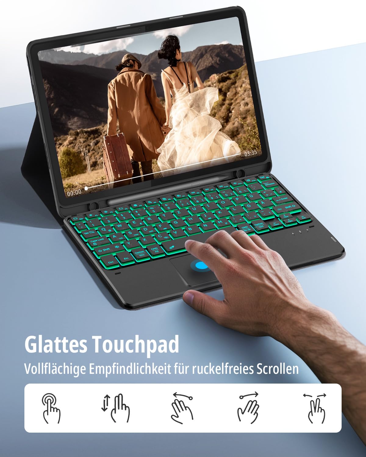 CACOE Tastatur Hülle für Lenovo Idea Tab 2025 11 Zoll (TB-336ZU TB-336FU) mit Touchpad, 7-Farbige Hintergrund Beleuchtung, Abnehmbare Kabellose [QWERTZ] Tastatur Hülle mit Stützfunktion, Schwarz