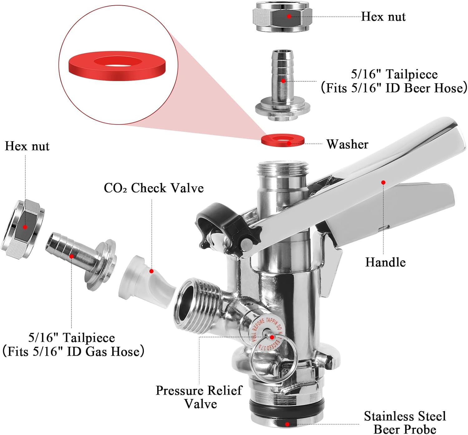 U Type Keg Coupler Beer Keg Tap, Draft Beer Coupler with 304 Stainless Steel Beer Probe, Sankey Coupler Beer Kegerator Dispenser Homebrew Kegerator Parts, for Home Bar, Draft Beer Tap, 5/16" I.D Hose