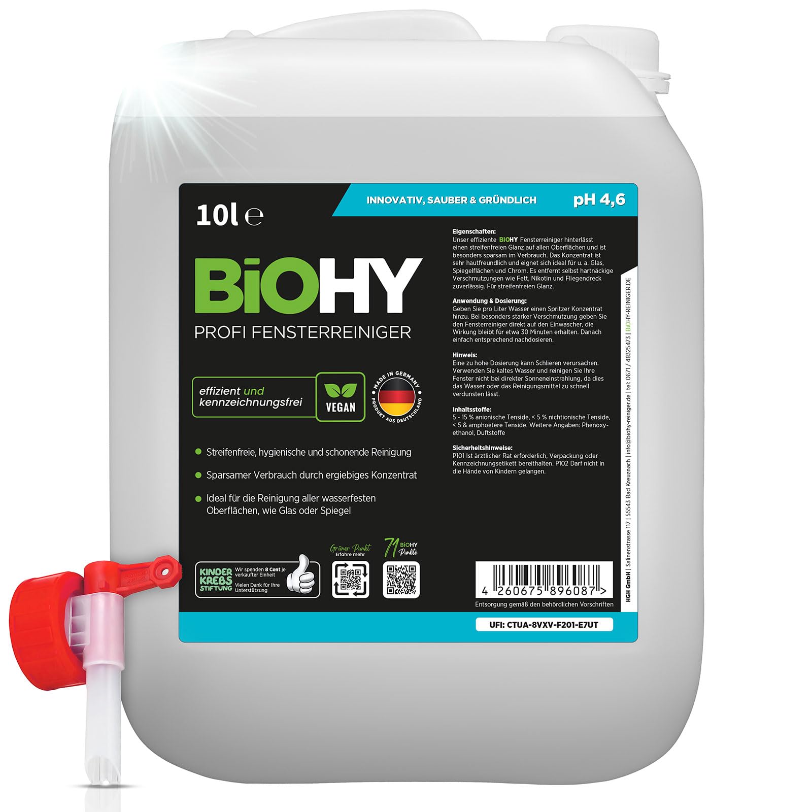 BiOHY Limpiacristales profesional (Bidón de 10 litros) + Grifo de Salida | Limpiador concentrado de vidrios, para de ventanas | Limpieza optima de vidrios, ventanas y espejos (Fensterreiniger)