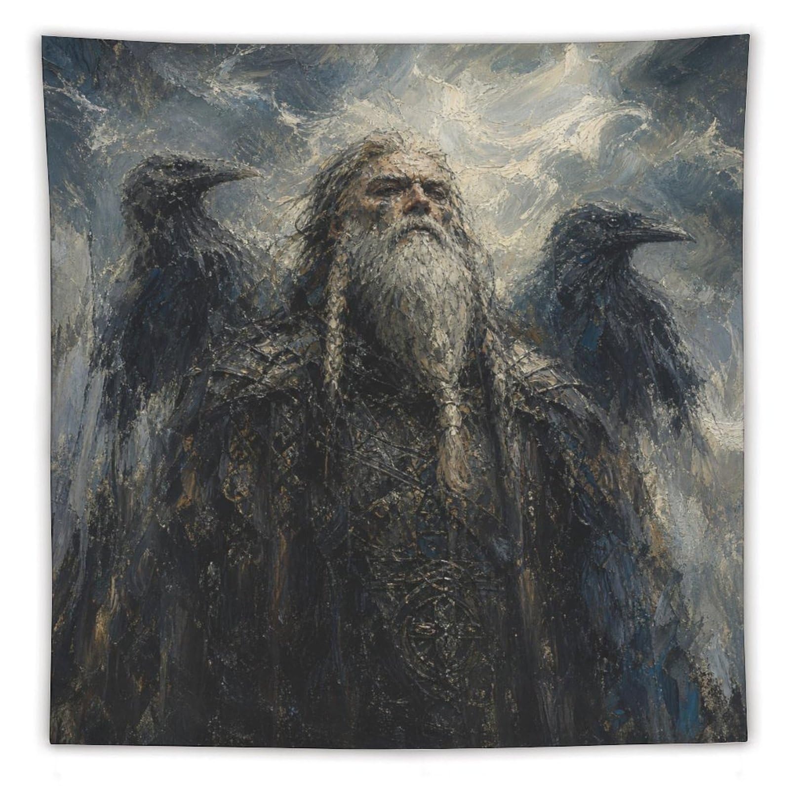 W7C8U2X3 Odin in Storm Wall Tapestry, Realistic Illustration, Dark Norse