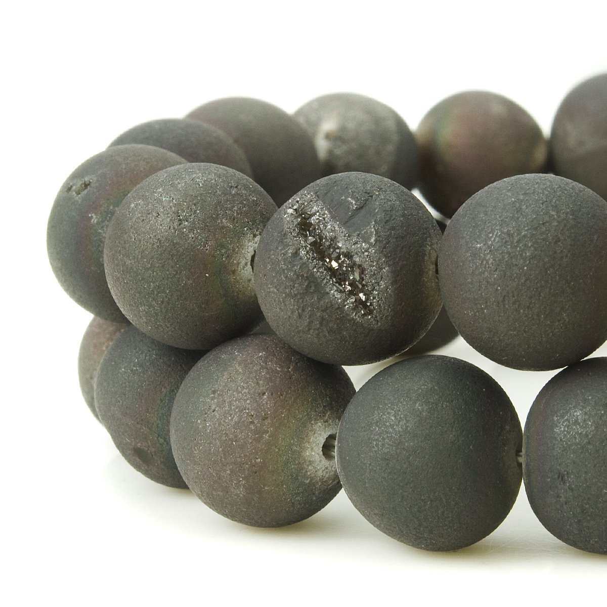 RUBYCA Round Dyed Electroplated Druzy Agate Quartz Crystal Gemstone Beads (1 Strand, Grey, 8mm)