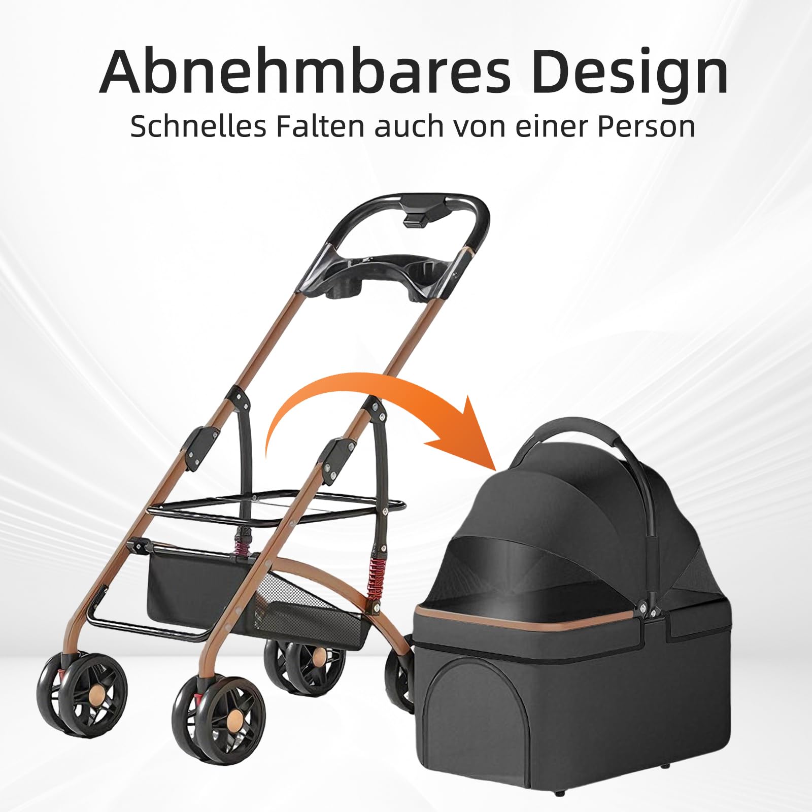 Hundewagen 3 in 1 Faltbarer Hundebuggy, Hundewagen, Kinderwagen für kleine Hunde, Katzen, Abnehmbarer Korb, Tragbarer Kinderwagen, Netzfenster, Oxfordstoff, Bis 20kg (Schwarz)
