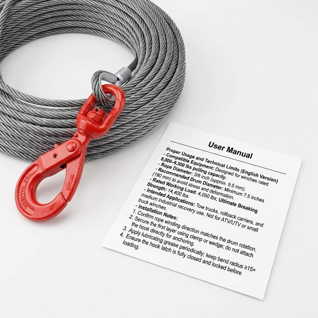 QWORK 3/8" x 100' Steel Core Winch Cable with Hook – 4050 lbs WLL for Tow Truck, Rollback & Recovery Use - Image 2