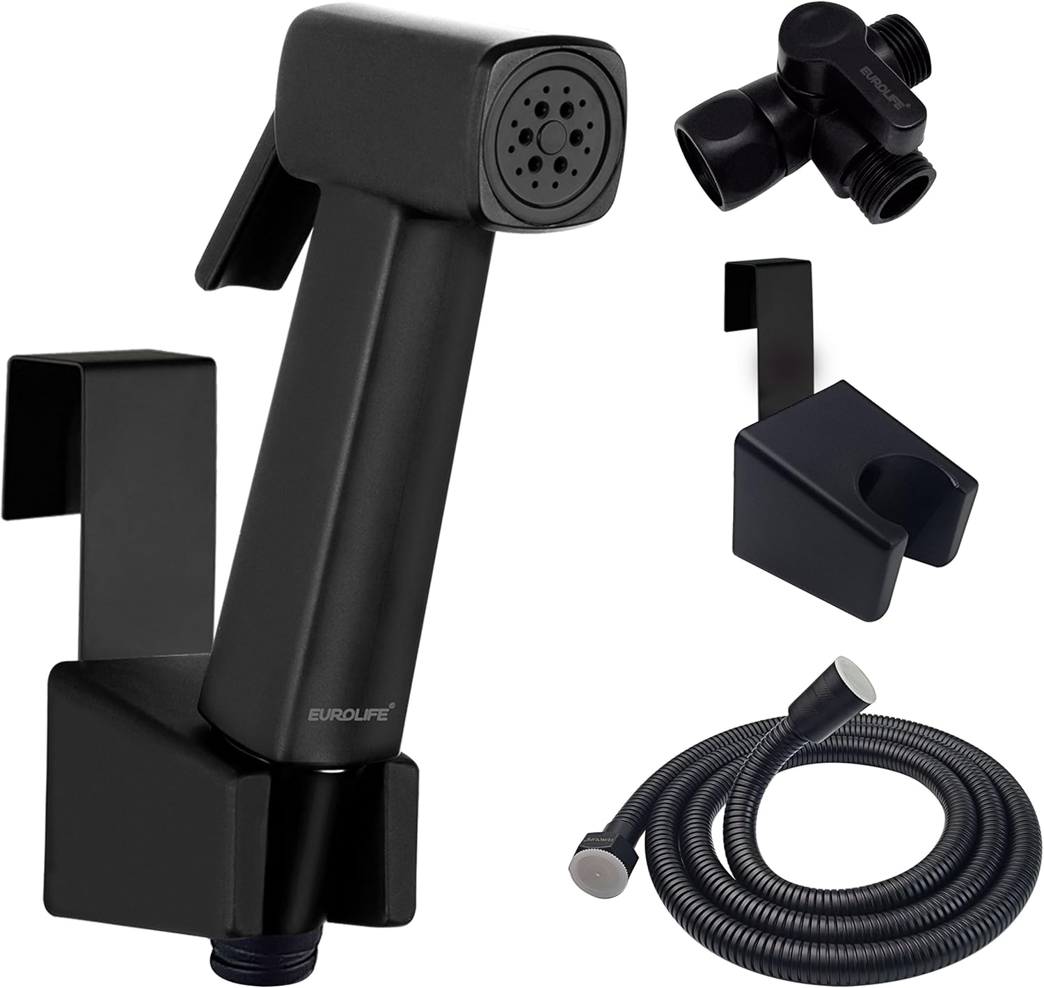 Handheld Bidet Sprayer for Toilet, Lockable Push Button, High Pressure Bathroom Sprayer, Cloth Diaper & Personal Hygiene Sprayer, Tank Mount No-Drill Install, Stainless Hose Set, Black Color