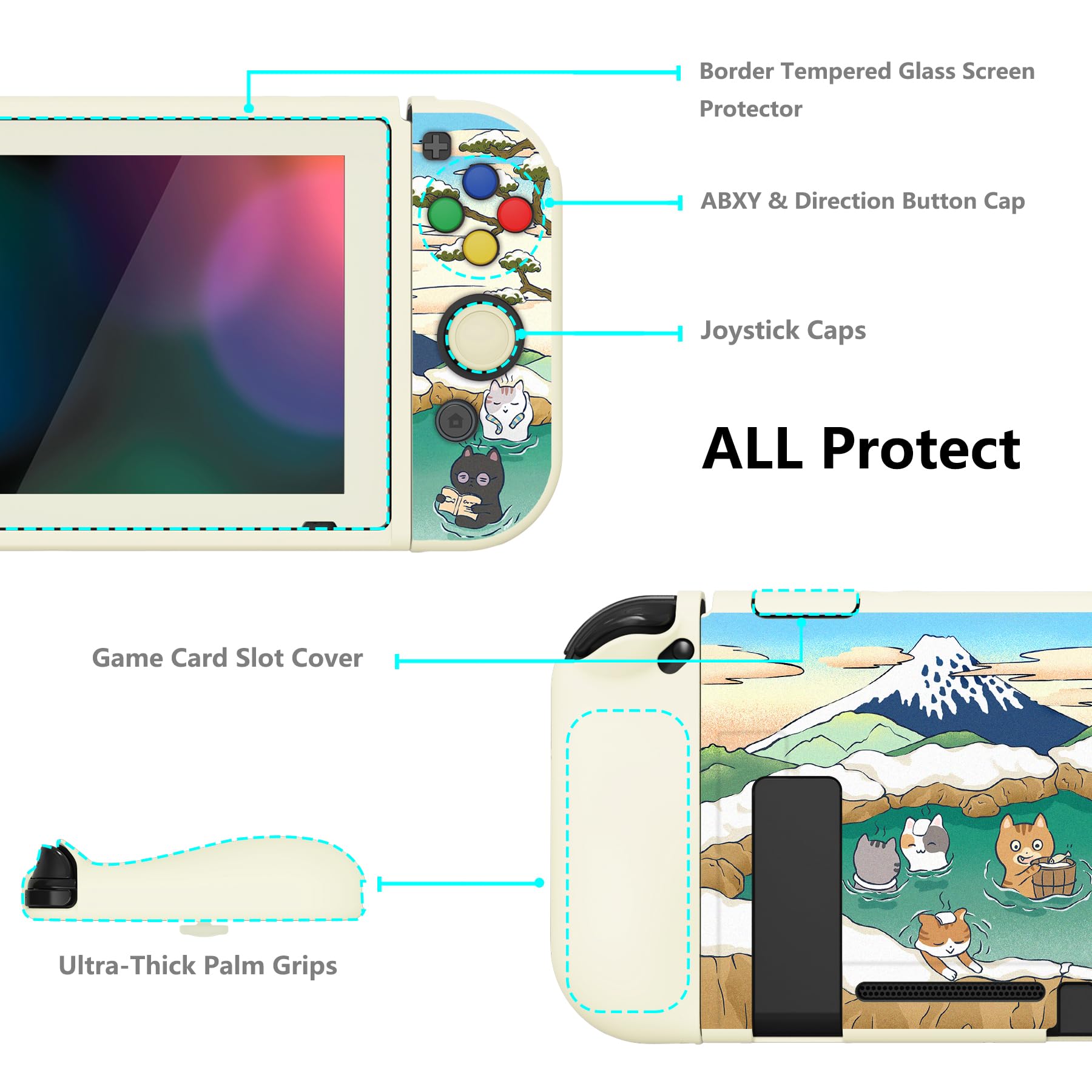 PlayVital ZealProtect Soft Protective Case for Nintendo Switch, Flexible Cover Protector for Switch with Tempered Glass Screen Protector & Thumb Grips & ABXY Direction Button Caps - Hot Spring Kitties - 5