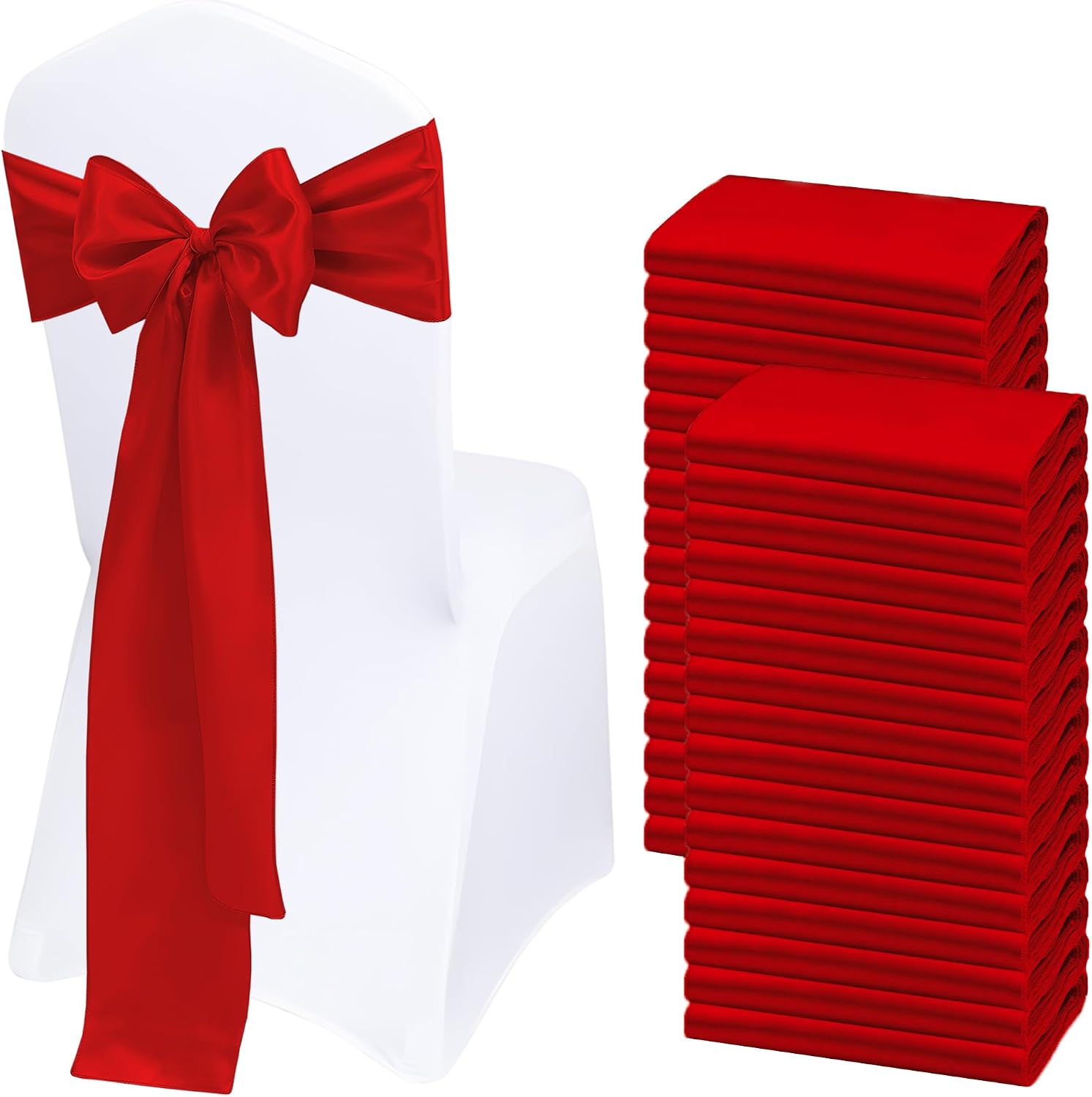 Satin Chair Sashes Bows 100 pcs Chair Ribbon Sashes for Wedding Party Reception Events Banquets Hotel Event Chairs Decoration（Red 7x108 inch）