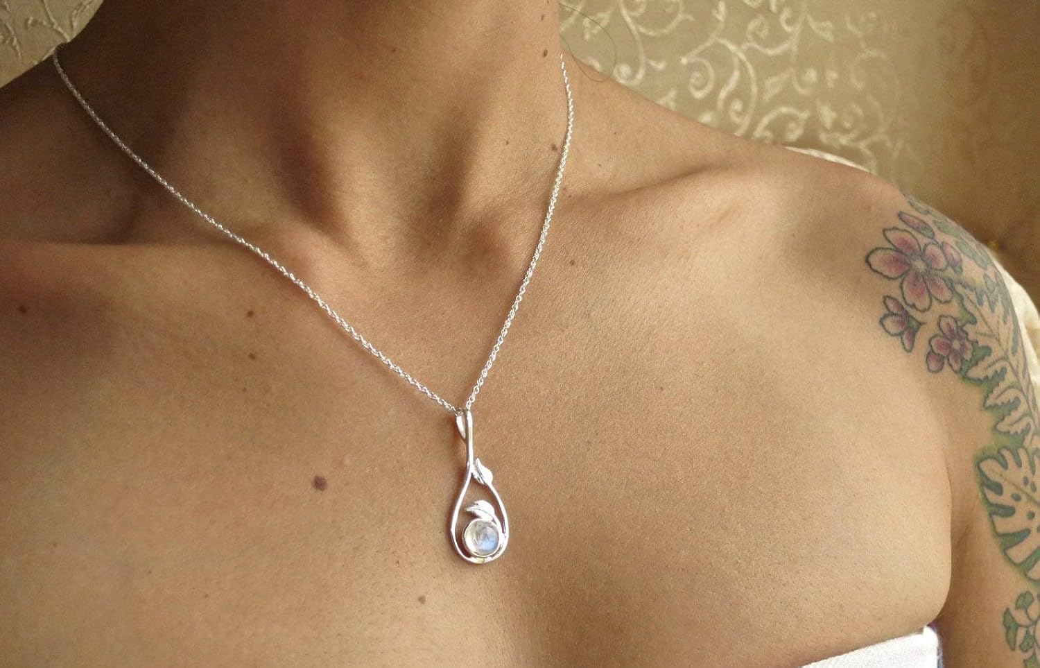 Moonstone sterling silver Necklace Pendant for Women, Handmade Natural moonstone pendant with leaves Victorian style, Unique gold plating necklace, Rainbow boho pendant necklace - Image 5