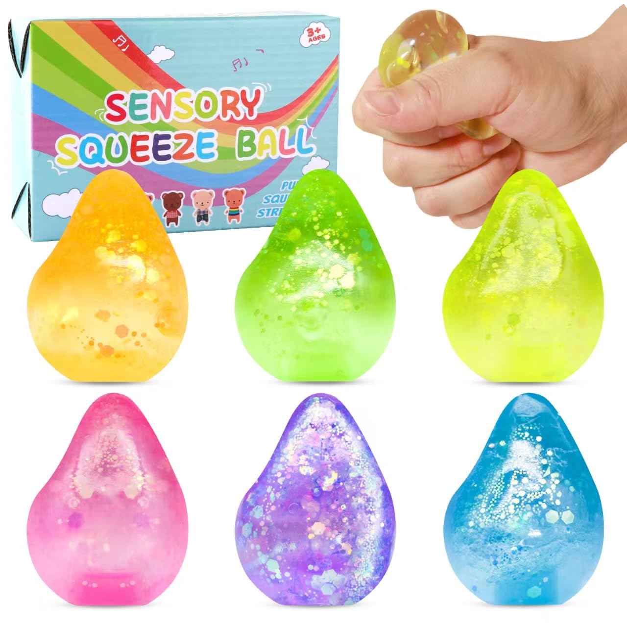 6 Pack Stress Cube Stress Ball, Squishy Stress Balls for Adults, Squeeze Sensory Balls Fidget Toys for Kids, Water Drop Fidget Cube Sensory Balls Stress Toys Anxiety Relief