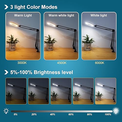 Vista 3 de Magnifying Glass with Light and Stand 12V/1A Adapter 5X LED Magnifying Lamp 3 Color Modes Stepless Dimmable 2-in-1 Desk Magnifier with Light, for
