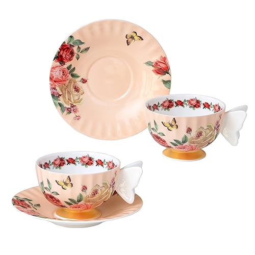 Gracie Bone - Taza de té y platillo de porcelana de durazno y rosa 7 onzas con asas de mariposa hechas a mano juego de 2