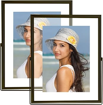 5x7 Floating Picture Frames Set of 2, Made of Metal and Double Real Glass, for Photo Size up to 7x9, Tabletop Display Home or Wedding Decoration Vertical Black