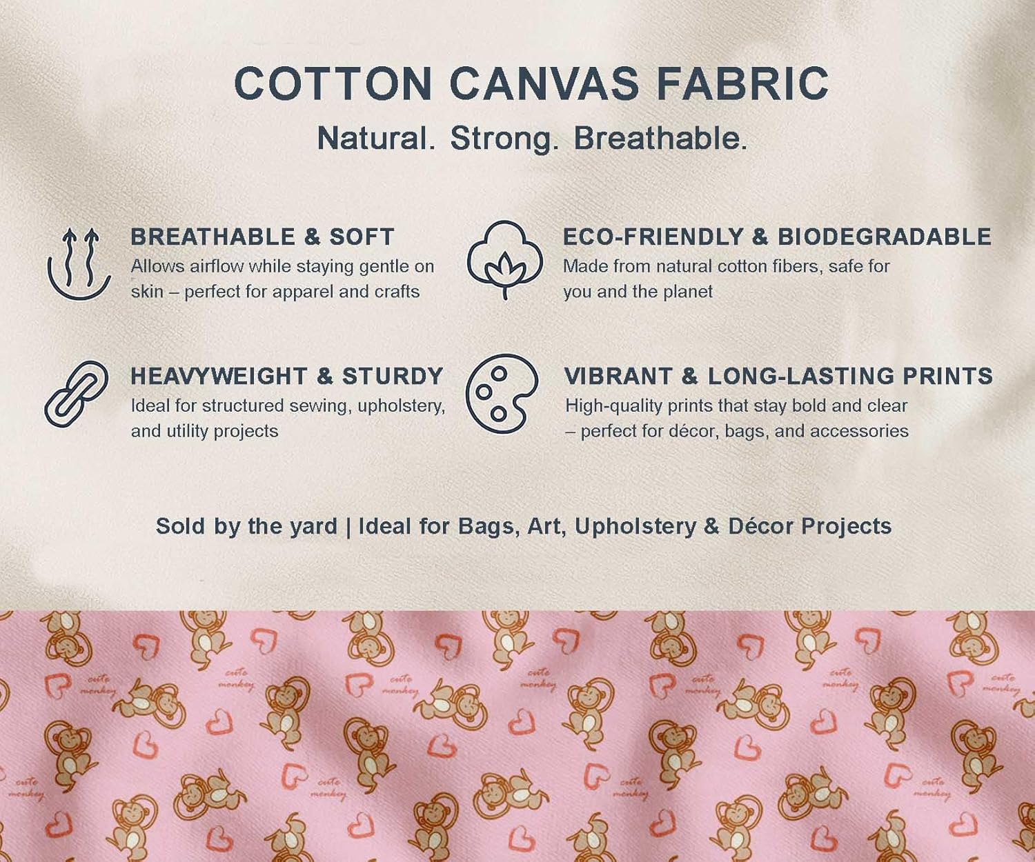 Soimoi Cotton Canvas Pink Fabric - by The Yard - 56 Inch Wide - Heart & Cute Monkey Cartoon Kids Fabric - Adorable and Playful Patterns for Kids' Apparel Printed Fabric