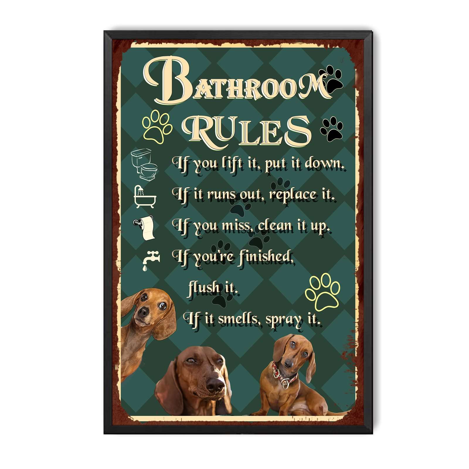 peiyeety Metal Tin Sign Bathroom Rules Dachshund Vintage Decorative Wall Art,Retro Funny Pet Rustic Plaque for Home Bathroom Bedroom Bar Pub,12x16 Inch