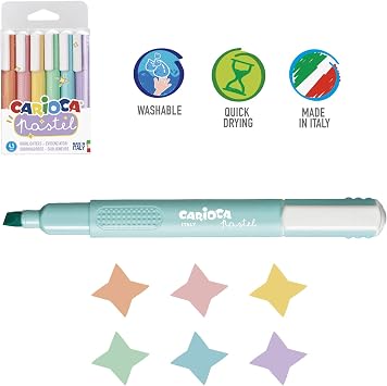 Carioca Pastel Highlighters 6-Pack Soft Color Chisel Tip Markers, Washable Water-Based Ink, 5 mm Tip, Non-Toxic, Art & School Supplies, Made in Italy