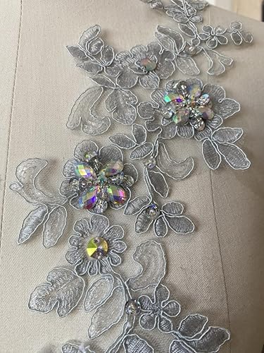 Miniatura 30 de Zbroh Parches de tela de encaje fino bordados con diamantes de imitación bordados, decoración de vestido para coser en lentejuelas cuentas, Azul