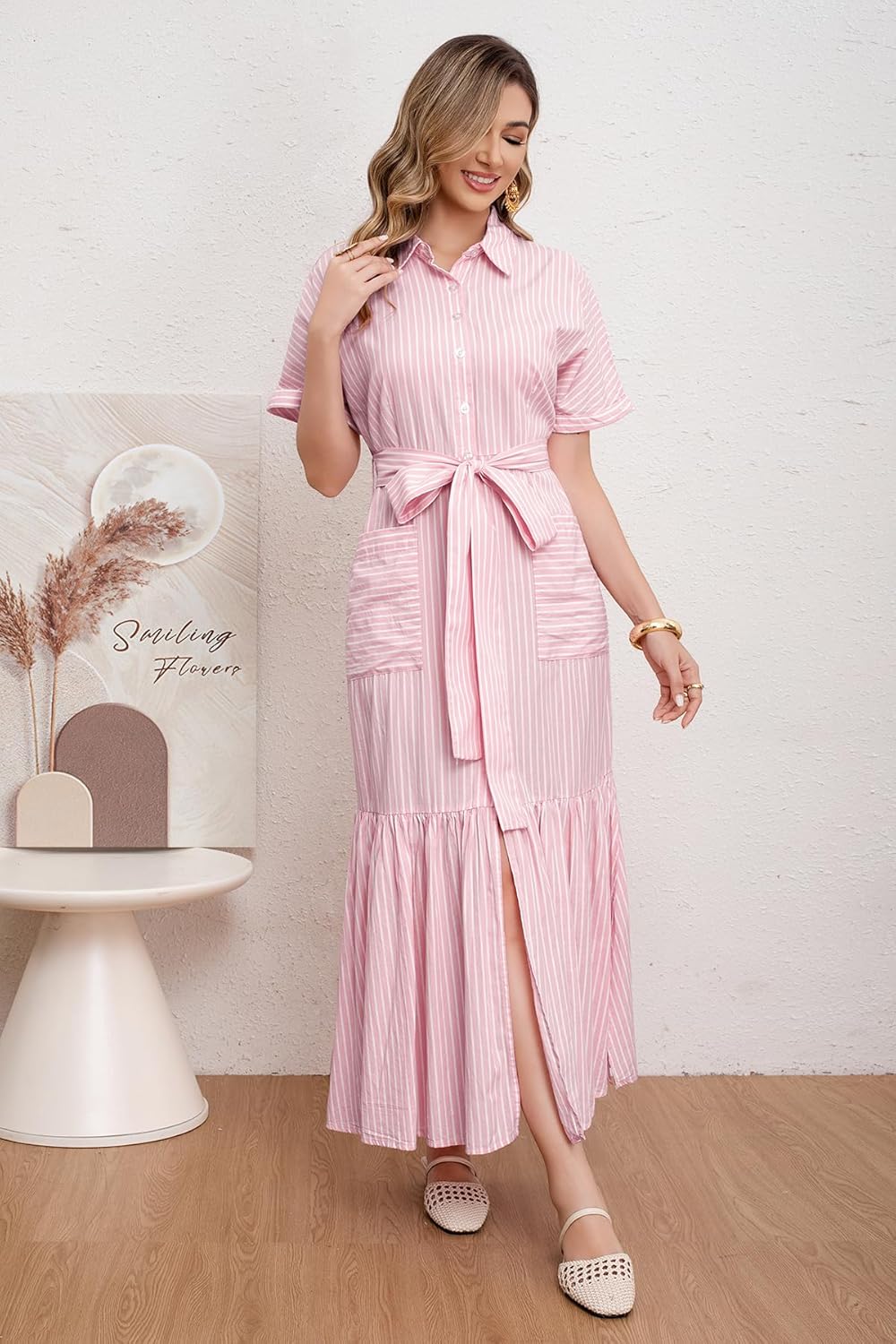 utcoco Women's 2025 Summer Casual Striped Button Down Maxi Dress Tie Waist Short Sleeve Shirt Dress with Pockets - Image 6