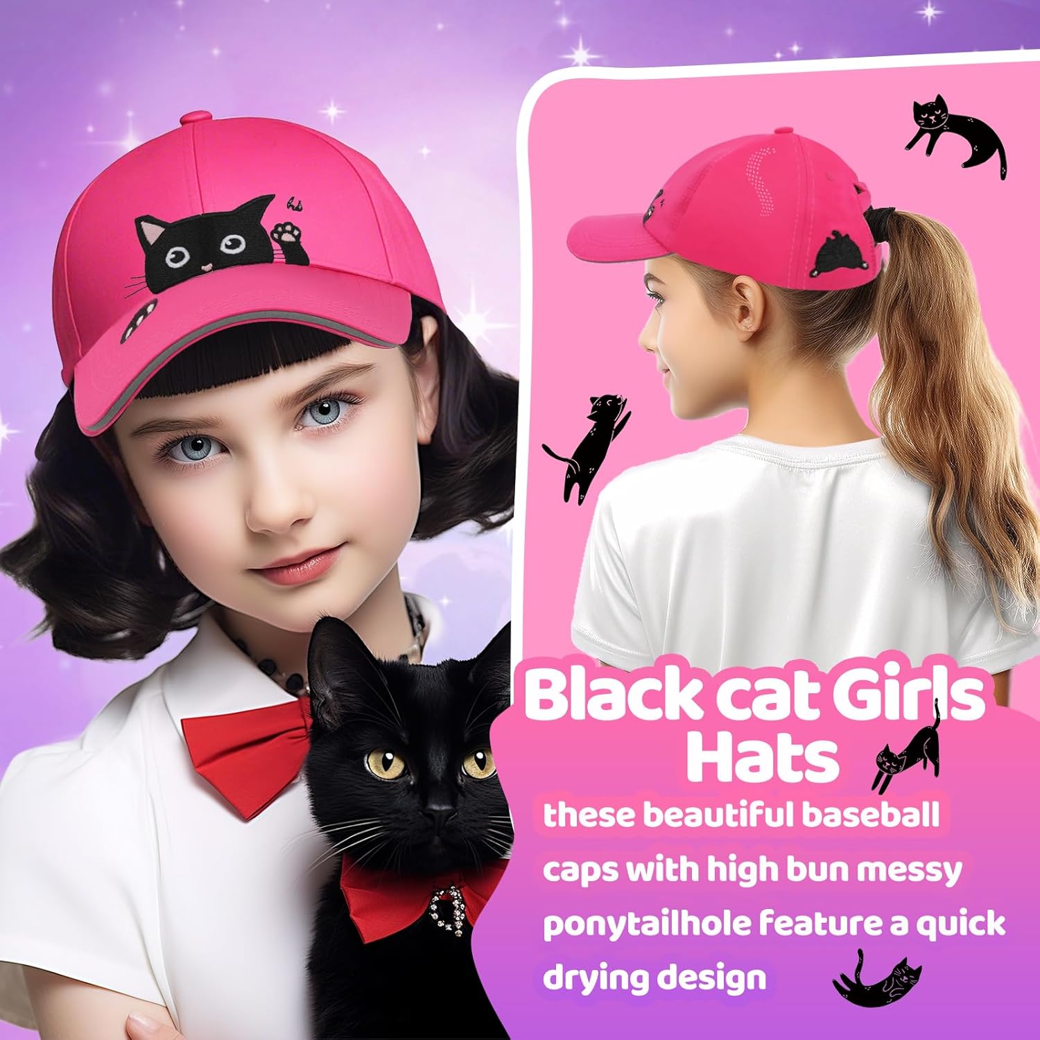 Girls Criss Cross Ponytail Hat - Black Cat Baseball Cap for Kids Age 7-15 - Adjustable Quick Dry Sun Hat for Cat Lover Gifts - Image 3