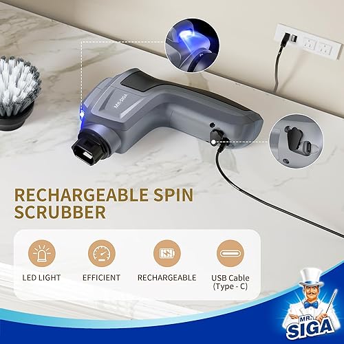 Miniatura 7 de MR.SIGA Limpiador eléctrico giratorio para limpieza de cocina y baño, resistente al agua, recargable, inalámbrico, con 5 cepillos de limpieza