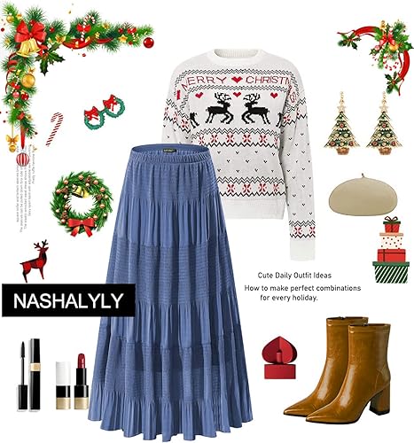 Miniatura 3 de NASHALYLY - Faldas largas de gasa, acampanadas, plisadas, con cintura alta y elástica para mujer