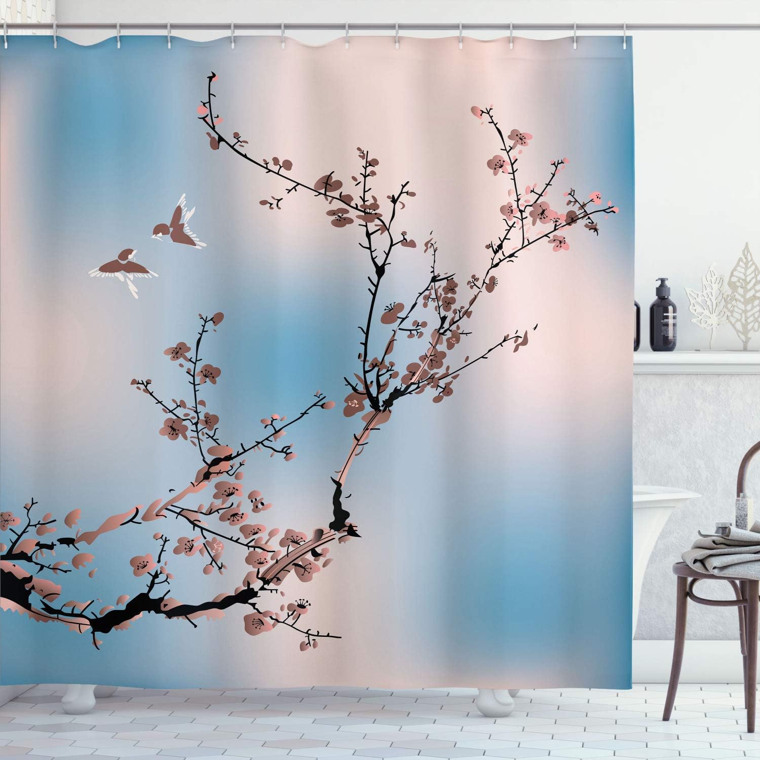 Ambesonne Nature Shower Curtain, Flowers Buds and Birds with Cherry Branches Style Artwork Painting Effect, Cloth Fabric Bathroom Decor Set with Hooks, 70" Long, Pale Rose
