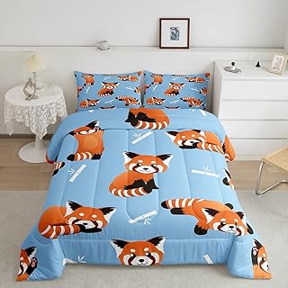 Feelyou Red Panda Bedding Set Cute Animal Pattern Comforter Set for Kids Boys Girls Cartoon Panda Printed Duvet Cover Wildlife Style Quilted Duvet Set Child Toddler Bedroom Decor Twin Size Blue