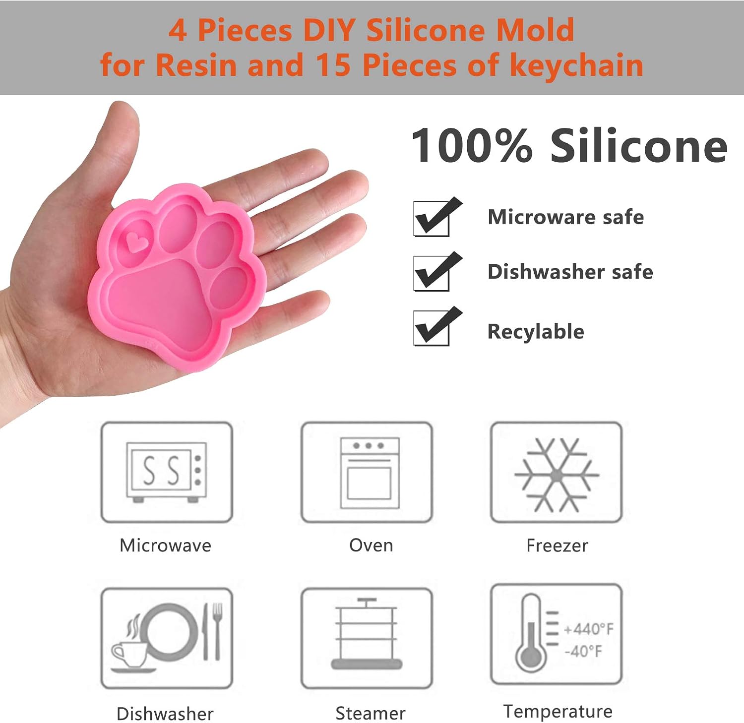 Keychain Silicone Mold Kit,4 Pieces Large Dog Paw/bone/heart Resin Mold for DIY Dog Tag Baking Epoxy Resin with 10 Pieces Big Key Ring