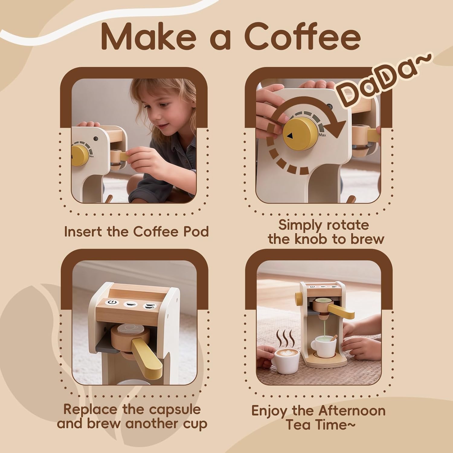 Freniland Classic Wooden Coffee Maker Toy, Pretend Brew & Serve Playset for Toddlers, Educational Kitchen Toy for Kids Ages 3Y+