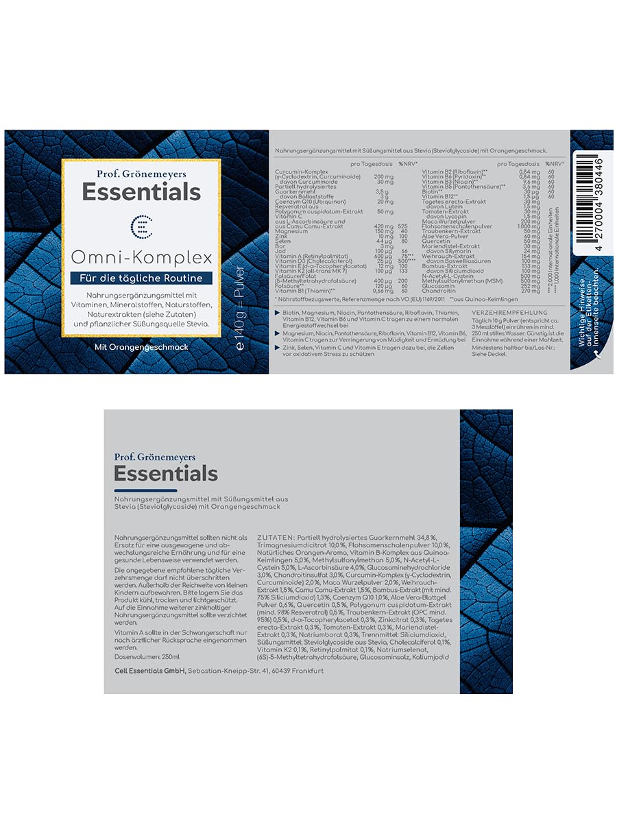 Prof Grönemeyer Essentials OmniKomplex Zellschutz Komplex, 140g Trinkpulver | Zellbooster mit 13 Vitaminen, 5 Mineralstoffen, Q10, MSM & OPC, Nahrungsergänzung für Immunsystem & Energie, Made in Germany