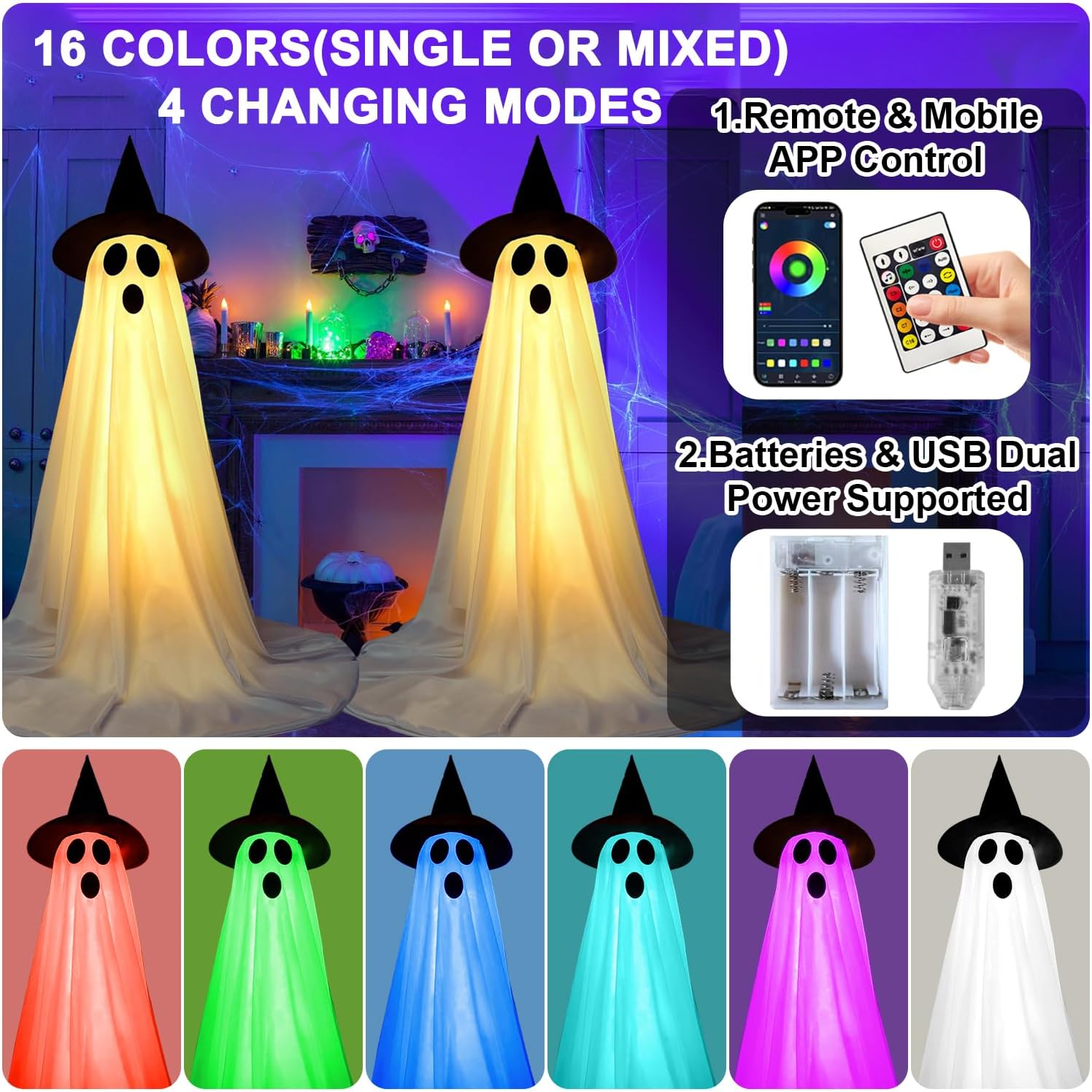 2 Pack Halloween Decorations Indoor Porch, Spooky Ghost with Remote Control Colorful String Lights, Halloween Decor Ghost Lights for Home Outdoor Porch Garden Yard Lawn Party