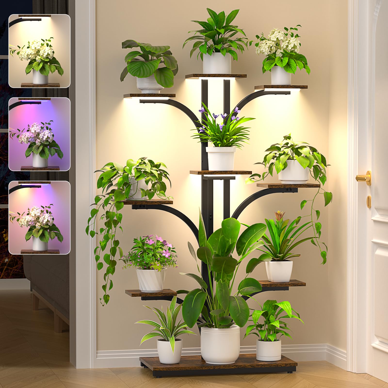 Plant Stands Indoor, 64" Tall Plant Stand with Grow Lights, 9 Tiered Corner Plant Shelf Indoor Plants Multiple, Flower Plant Pot Display Holder, Tree-Shaped Plant Rack for Home, Living Room, Patio