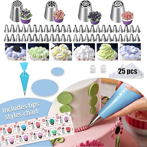 Miniatura 3 de Kit de 123 suministros de decoración de tartas, juego de tocadiscos para pasteles con 59 puntas de glaseado, 25 bolsas de pastelería desechables, 2