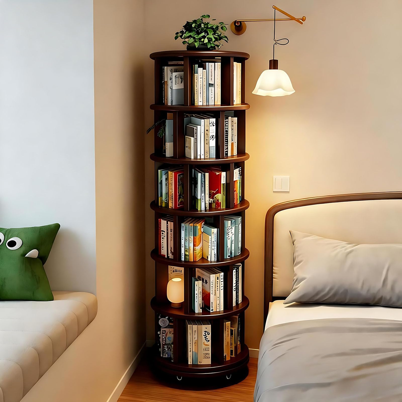 6-stöckige Drehbare Bücherregale aus Massivholz mit Rädern - Runde Bücherregalaufnahme um 360° - Drehbare Bücherregale für kleine Räume, Wohnzimmer, Büros und Schlafzimmer (Nussholz)