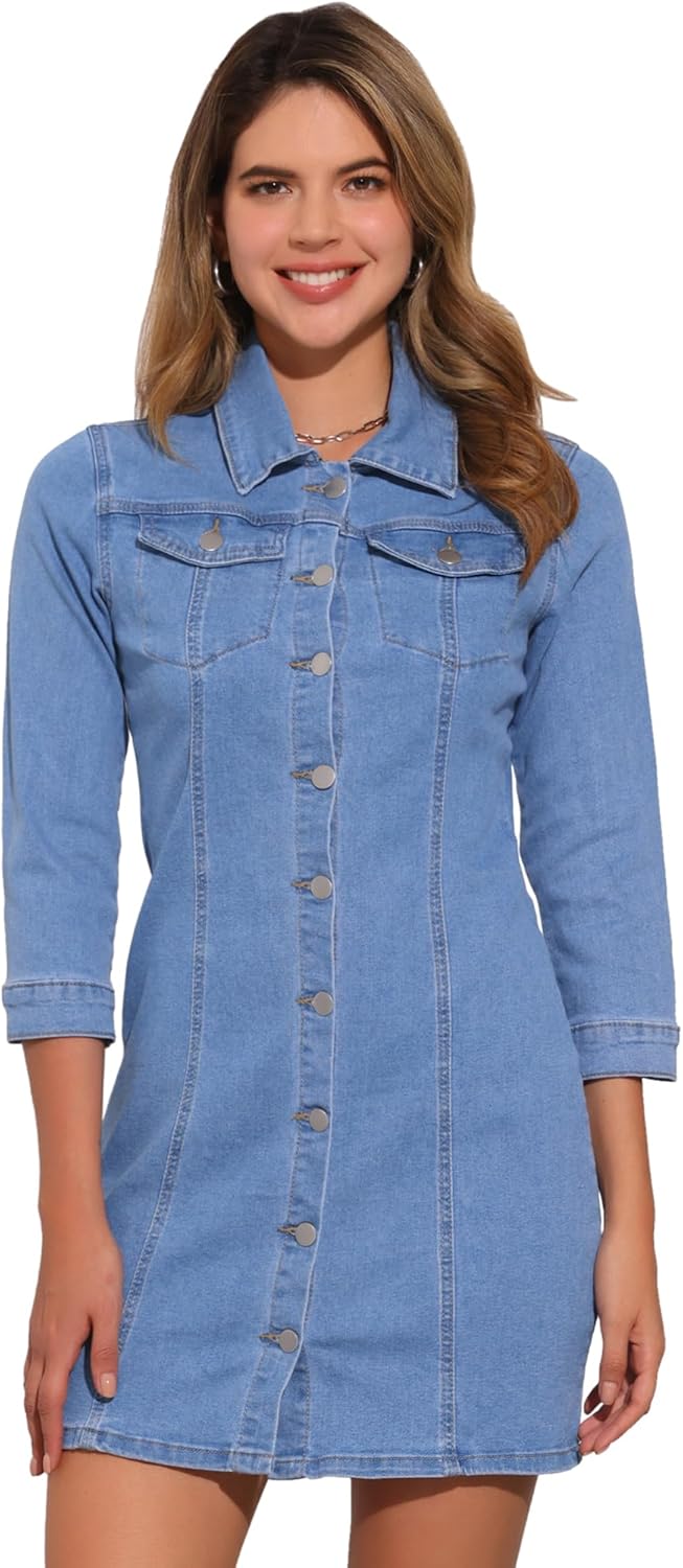 Allegra K Women's Denim Dresses Spring Summer Button Down 3/4 Sleeve 2026 Jean Mini Dress