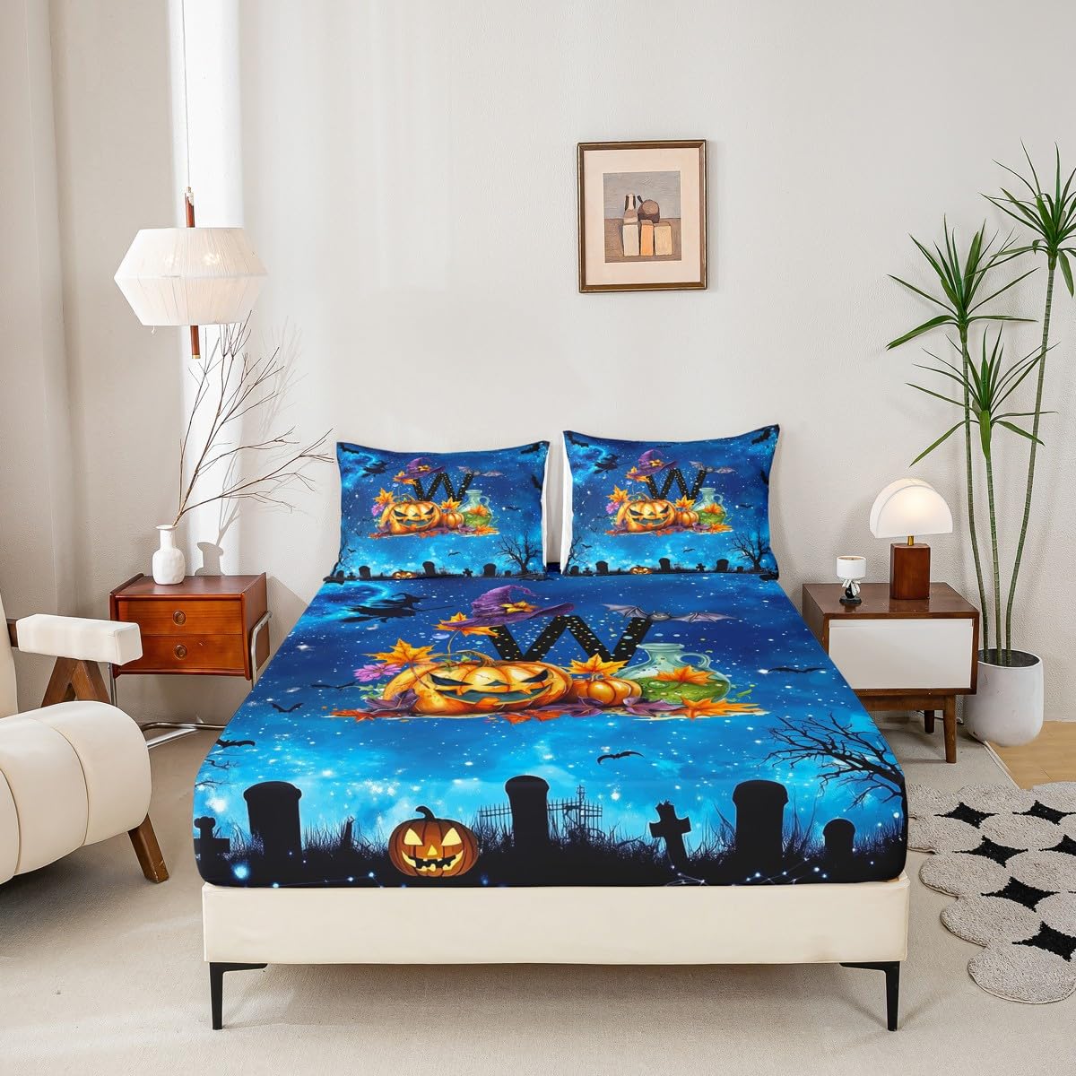 Homewish Spersonalizowane prześcieradło z gumką na Halloween litera król litera W prześcieradła jesienne liście dynia zestaw pościeli dla dziewcząt, gotycki kapelusz czarownicy nagrobki nietoperze