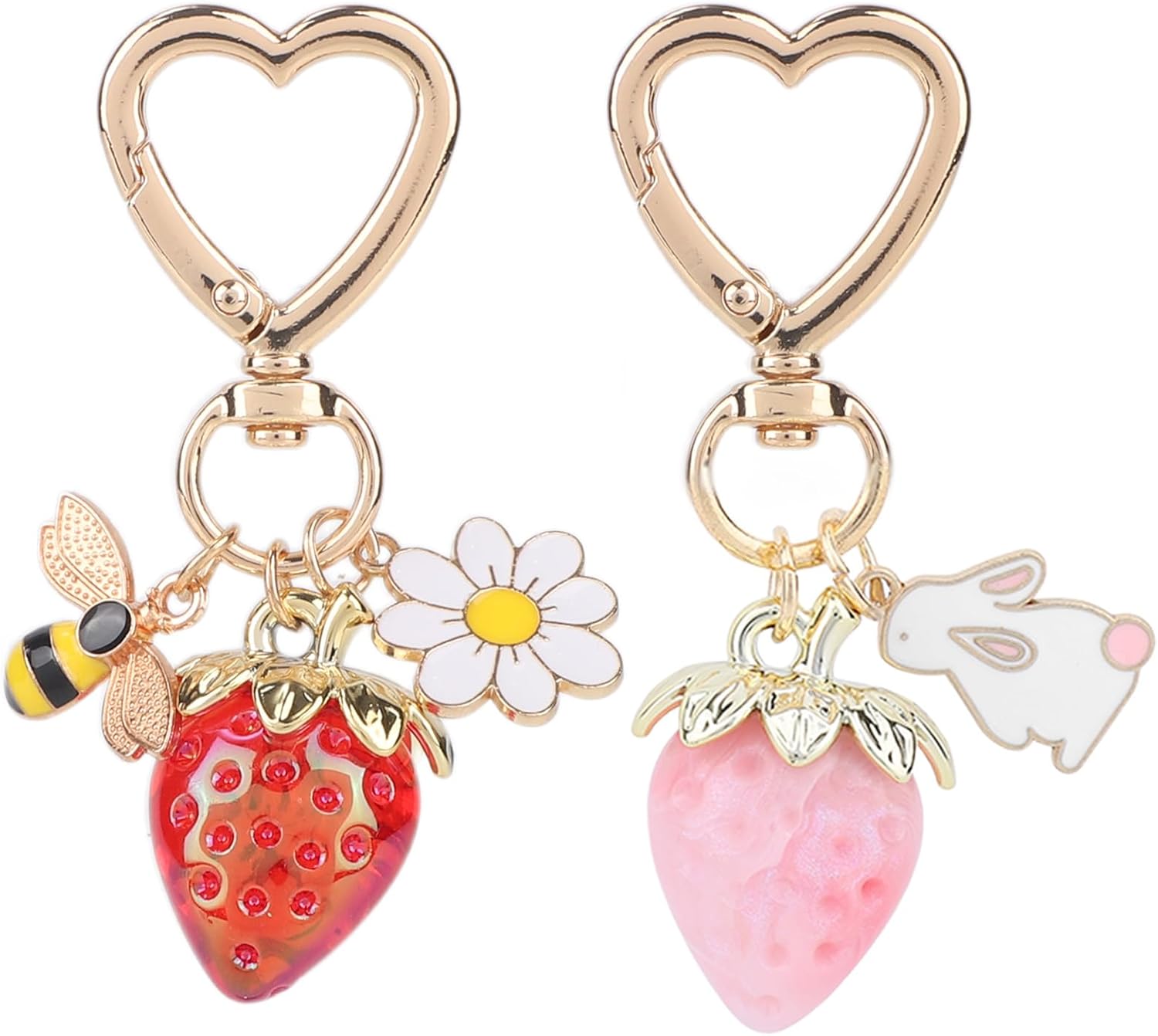 2pcs Cute Strawberry Keychains for Women, Strawberry Gold Bag Charm with Bee Daisy Rabbit Shortcake Items Pendant Fashion Fruit Flower Key Chain for Bag Purse Key Ring Backpack Decor