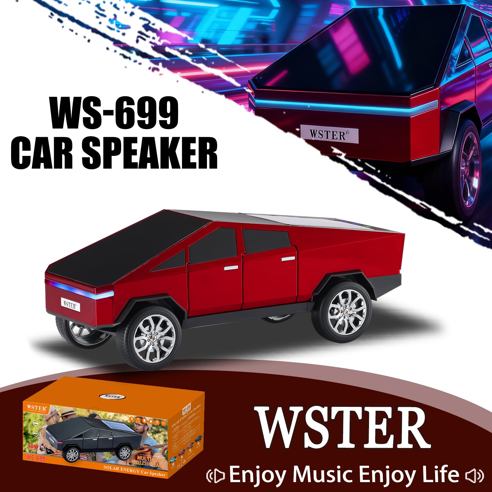 WSTER WS-699 Cybertruck Solar-Bluetooth-Lautsprecher, Rot