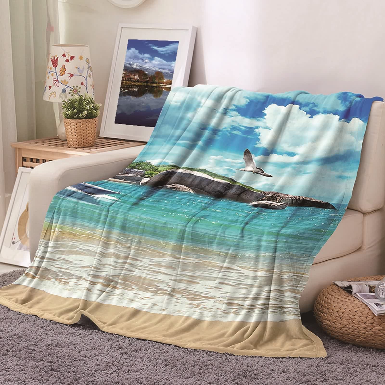 Couverture chaude hiver KnSam en flanelle 180x220cm motif oiseau vert brun plaid chic canapé